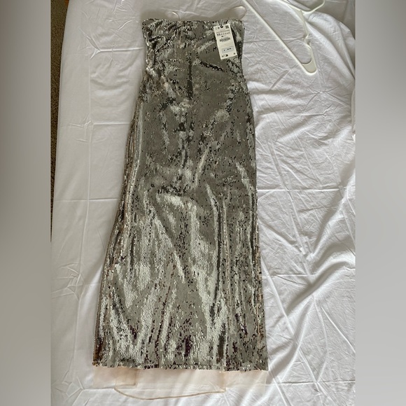Zara Sequin appliqué Strapless Midi Dress Organza Tulle hem Silver Size XS NWT - Picture 12 of 16